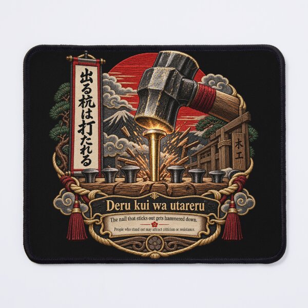 Item preview, Japanese Proverb Art – Deru Kui wa Utareru Hammered Nail Embroidery designed and sold by Emoji Emblems.