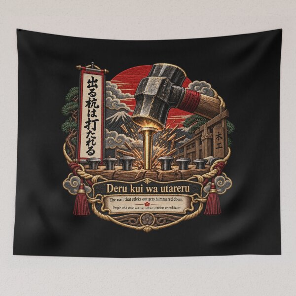 Item preview, Japanese Proverb Art – Deru Kui wa Utareru Hammered Nail Embroidery designed and sold by Emoji Emblems.