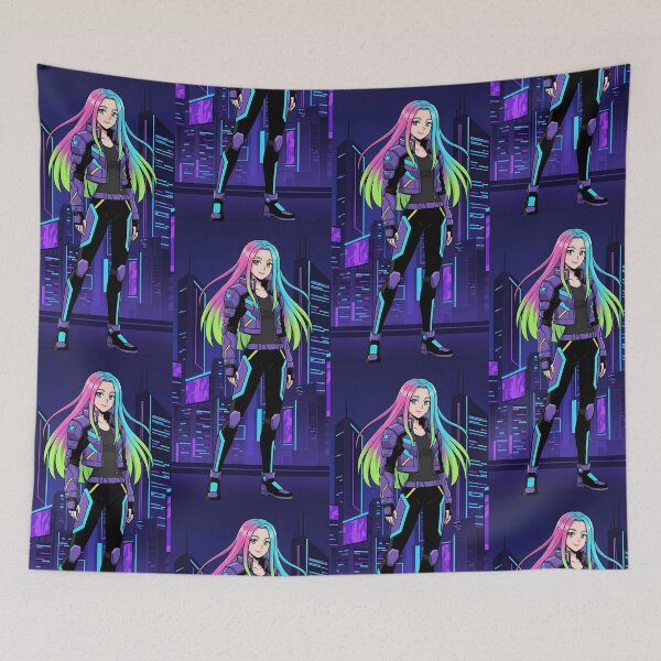Item preview, Cyberpunk Anime Girl with Neon Hair and City Skyline designed and sold by L-MAIN.