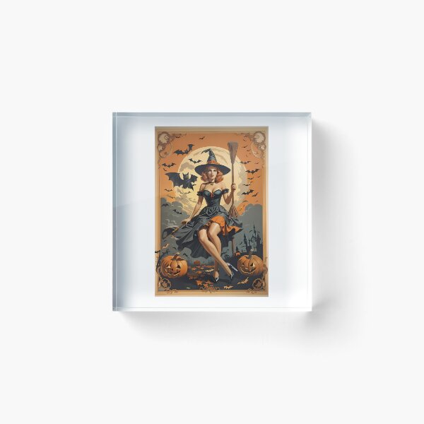 Item preview, Halloween Witch With Broomstick Pumpkins And Bats Retro Style designed and sold by TasuDesigners.