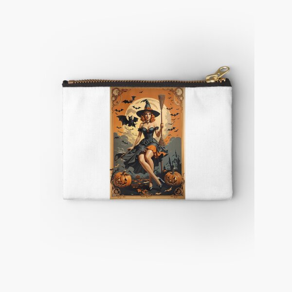 Item preview, Halloween Witch With Broomstick Pumpkins And Bats Retro Style designed and sold by TasuDesigners.