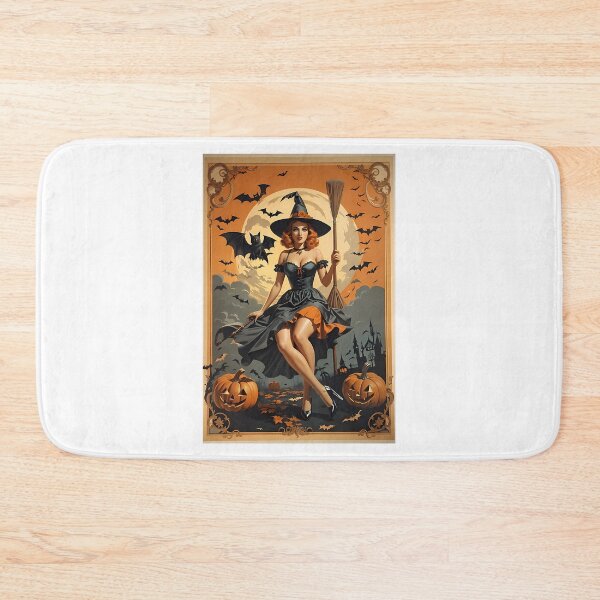 Item preview, Halloween Witch With Broomstick Pumpkins And Bats Retro Style designed and sold by TasuDesigners.
