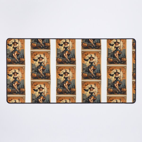 Item preview, Halloween Witch With Broomstick Pumpkins And Bats Retro Style designed and sold by TasuDesigners.