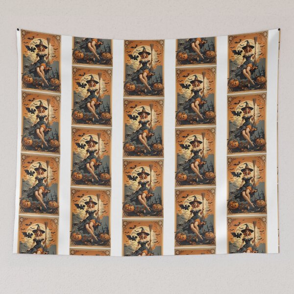 Item preview, Halloween Witch With Broomstick Pumpkins And Bats Retro Style designed and sold by TasuDesigners.