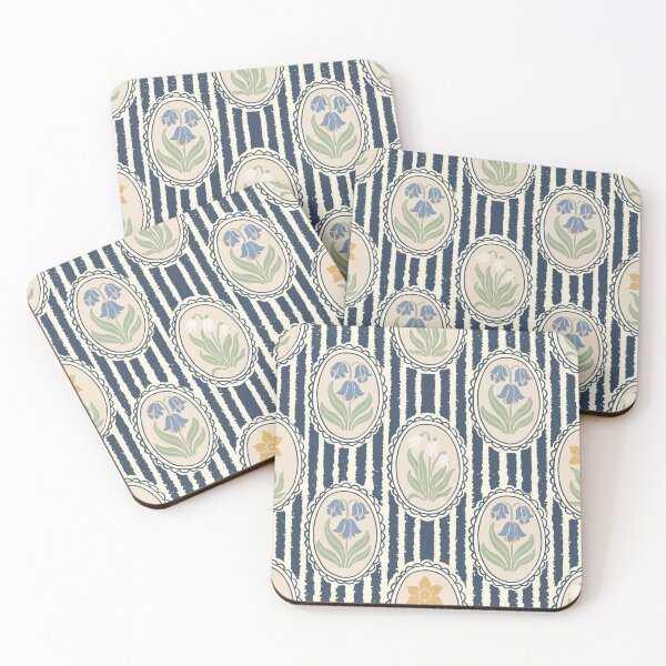 Item preview, Vintage Floral Cream Cameo Cottagecore Garden Dark Blue Ticking Stripe designed and sold by dyesandpigments.