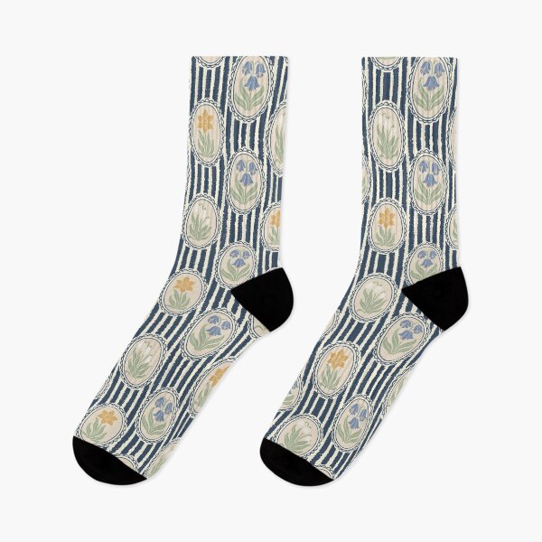 Item preview, Vintage Floral Cream Cameo Cottagecore Garden Dark Blue Ticking Stripe designed and sold by dyesandpigments.
