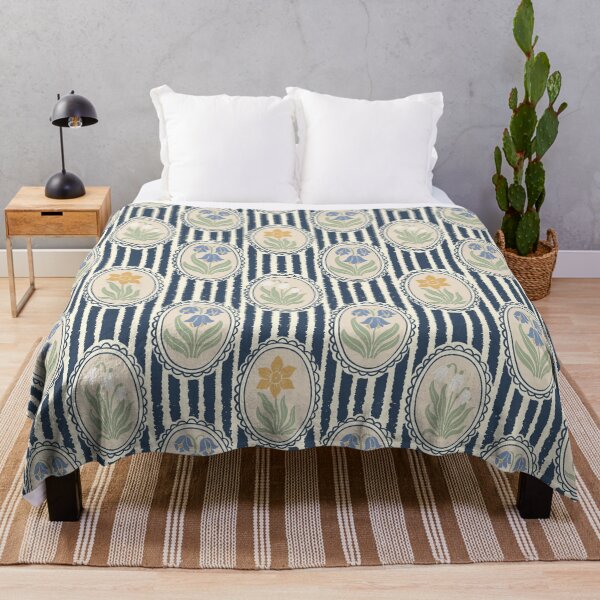 Item preview, Vintage Floral Cream Cameo Cottagecore Garden Dark Blue Ticking Stripe designed and sold by dyesandpigments.