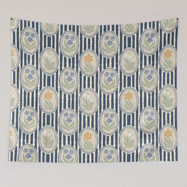 Item preview, Vintage Floral Cream Cameo Cottagecore Garden Dark Blue Ticking Stripe designed and sold by dyesandpigments.