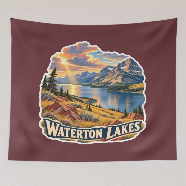 Item preview, Waterton Lakes Alberta Vintage Rocky Mountain Travel Print designed and sold by PinUpPizzazz.