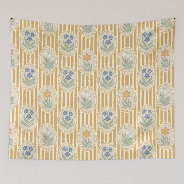 Item preview, Vintage Floral Cream Cameo Cottagecore Garden Golden Yellow Ochre Ticking Stripe designed and sold by dyesandpigments.
