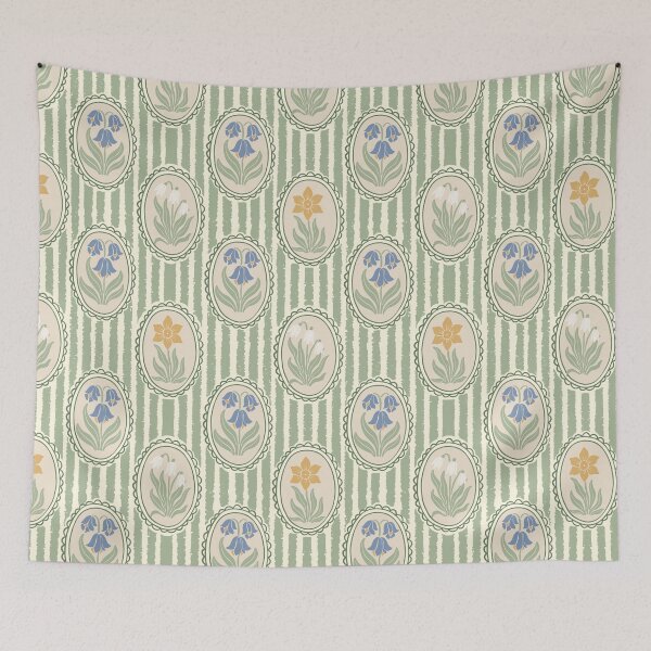 Item preview, Vintage Floral Cream Cameo Cottagecore Garden Sage Green Ticking Stripe designed and sold by dyesandpigments.