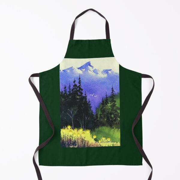 Item preview, Watercolor landscape, blue mountains, evergreens and yellow flowers. designed and sold by aswoa.
