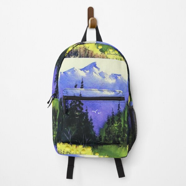 Item preview, Watercolor landscape, blue mountains, evergreens and yellow flowers. designed and sold by aswoa.
