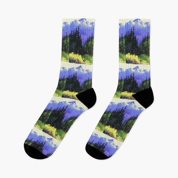 Item preview, Watercolor landscape, blue mountains, evergreens and yellow flowers. designed and sold by aswoa.