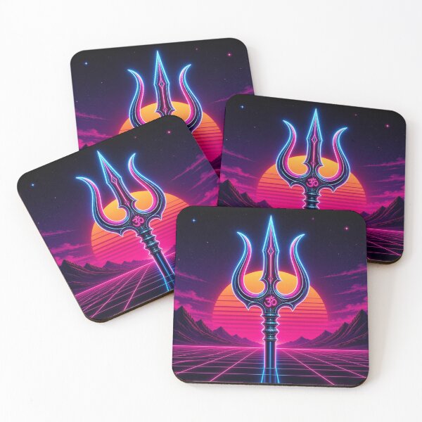 Artikelvorschau, 80er-Jahre-Synthwave-Neon-Leucht-Trishul und Sonnenuntergangsgitter entworfen und verkauft von RM.creativeworks.