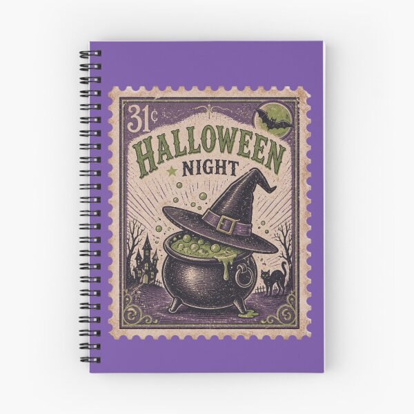 Artikelvorschau, Vintage Look Purple Green Halloween Night Postage Stamp Witch Cauldron entworfen und verkauft von JaymeOctober.