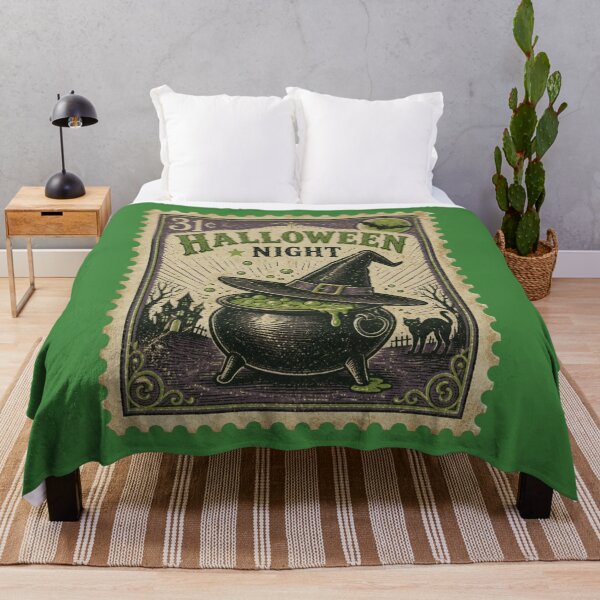 Item preview, Vintage Look Purple Green Halloween Night Postage Stamp Witch Cauldron designed and sold by JaymeOctober.