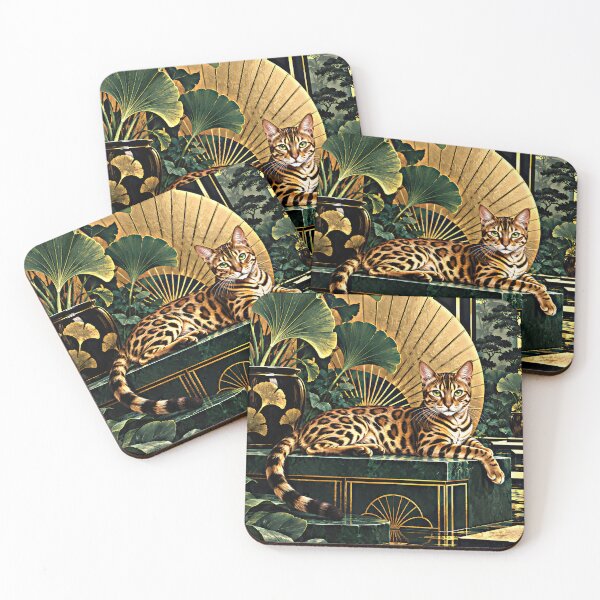 Item preview, Jade Bengal Cat in a Golden Art Deco Fan Garden designed and sold by Jaani-T.