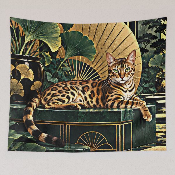 Item preview, Jade Bengal Cat in a Golden Art Deco Fan Garden designed and sold by Jaani-T.