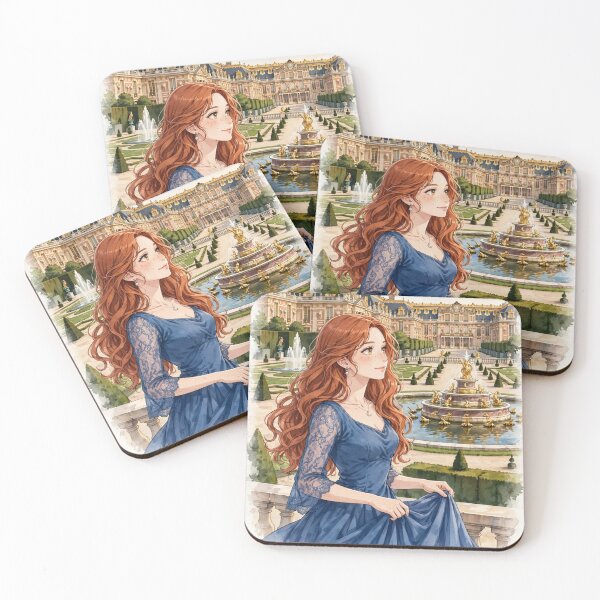Item preview, France Palace of Versailles with an Enchanting Redhead Traveler in an Elegant Royal Blue Dress, Magnificent Gardens and Romantic French Landscape designed and sold by DibujandoPorfa.
