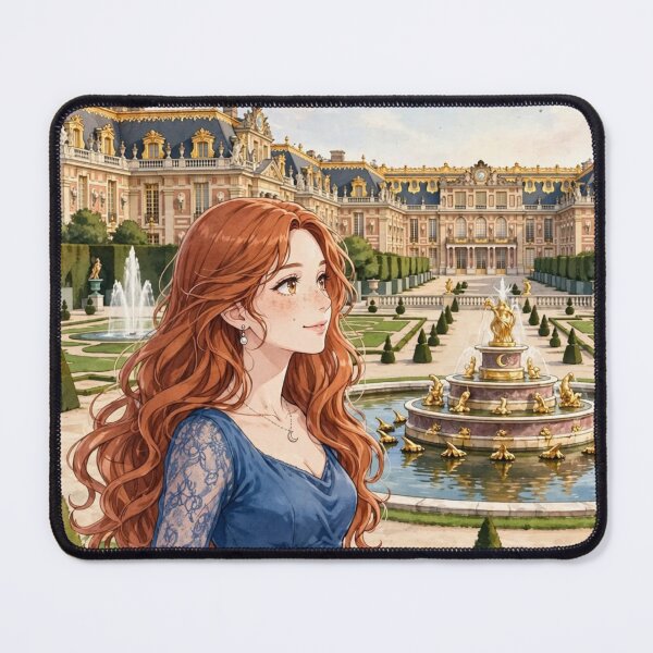 Item preview, France Palace of Versailles with an Enchanting Redhead Traveler in an Elegant Royal Blue Dress, Magnificent Gardens and Romantic French Landscape designed and sold by DibujandoPorfa.