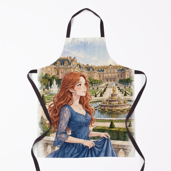 Item preview, France Palace of Versailles with an Enchanting Redhead Traveler in an Elegant Royal Blue Dress, Magnificent Gardens and Romantic French Landscape designed and sold by DibujandoPorfa.