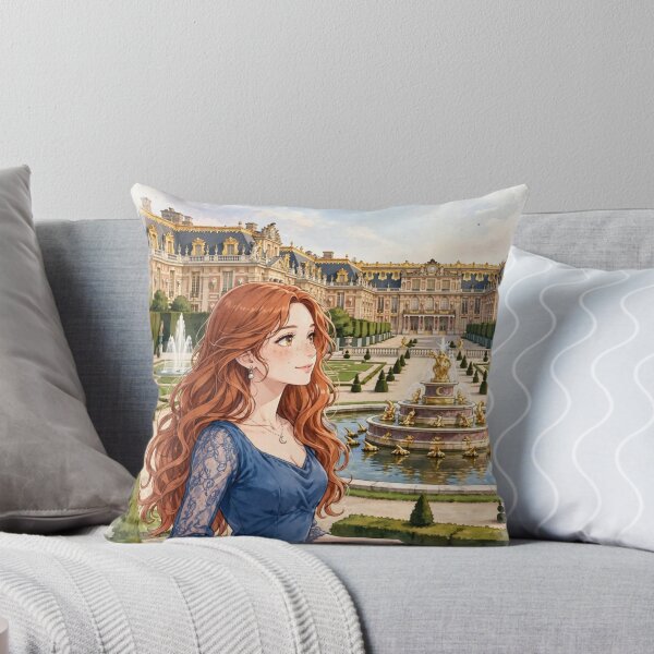Item preview, France Palace of Versailles with an Enchanting Redhead Traveler in an Elegant Royal Blue Dress, Magnificent Gardens and Romantic French Landscape designed and sold by DibujandoPorfa.