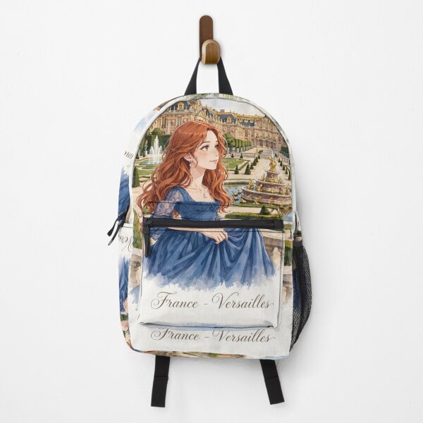 Item preview, France Palace of Versailles with an Enchanting Redhead Traveler in an Elegant Royal Blue Dress, Magnificent Gardens and Romantic French Landscape designed and sold by DibujandoPorfa.
