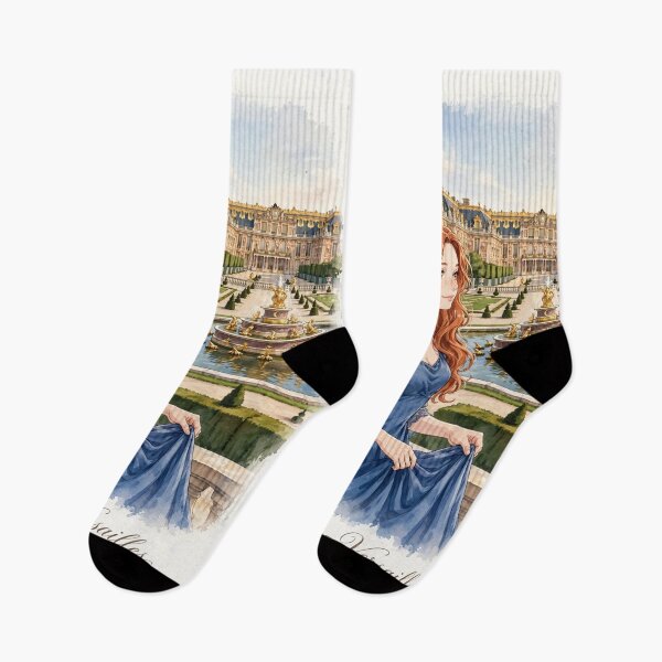 Item preview, France Palace of Versailles with an Enchanting Redhead Traveler in an Elegant Royal Blue Dress, Magnificent Gardens and Romantic French Landscape designed and sold by DibujandoPorfa.
