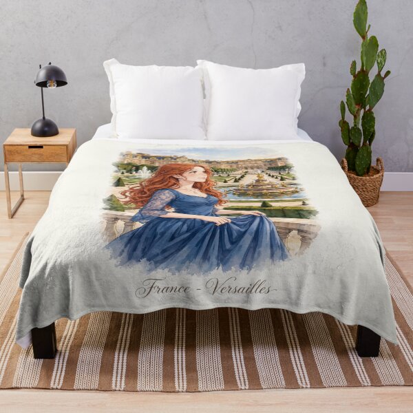 Item preview, France Palace of Versailles with an Enchanting Redhead Traveler in an Elegant Royal Blue Dress, Magnificent Gardens and Romantic French Landscape designed and sold by DibujandoPorfa.