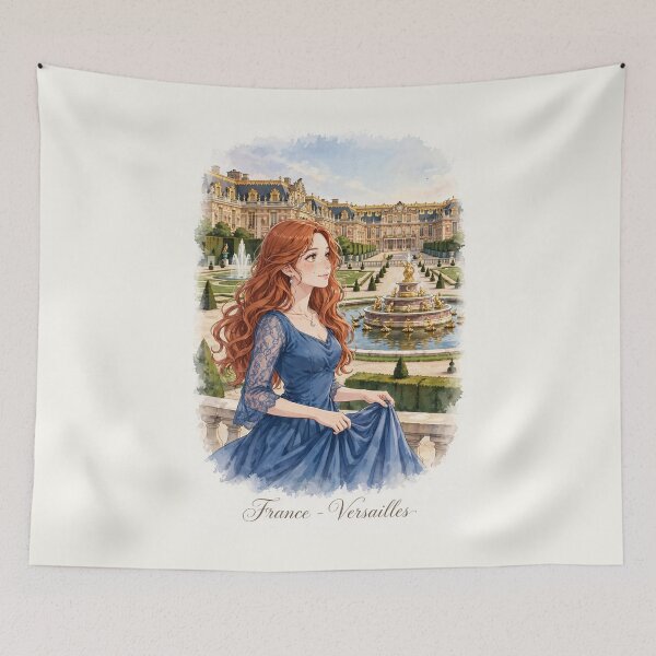 Item preview, France Palace of Versailles with an Enchanting Redhead Traveler in an Elegant Royal Blue Dress, Magnificent Gardens and Romantic French Landscape designed and sold by DibujandoPorfa.