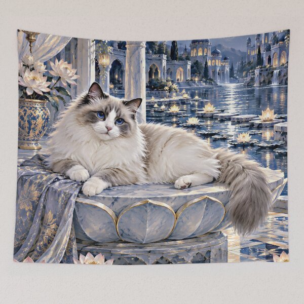Item preview, Moonlit Ragdoll Cat in a Blue Lotus Palace designed and sold by Jaani-T.