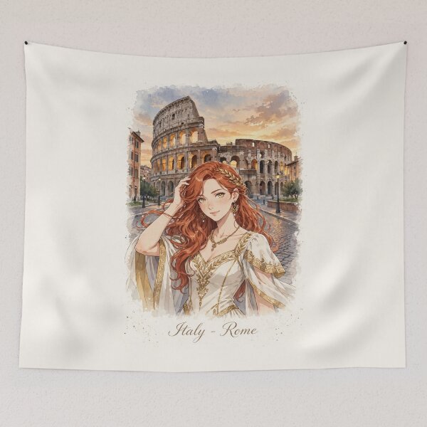 Item preview, Italy Rome Colosseum with a Graceful Redhead Traveler in an Elegant Ivory Dress, Ancient Roman Architecture and Golden Evening Landscape designed and sold by DibujandoPorfa.