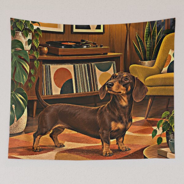 Item preview, Dachshund in a Retro Vinyl Record Room – Mid-Century Dog Art designed and sold by Jaani-T.