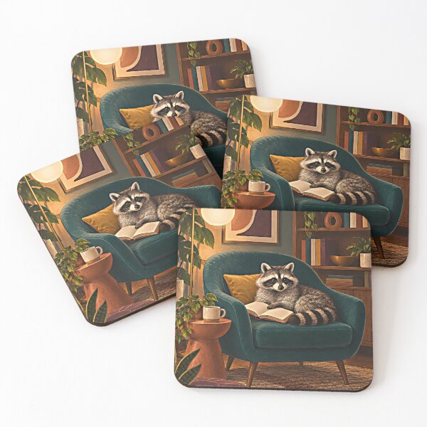 Item preview, Cozy Raccoon Reading Lounge – Mid-Century Modern Animal Art designed and sold by Jaani-T.
