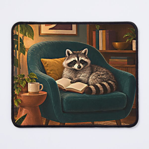 Item preview, Cozy Raccoon Reading Lounge – Mid-Century Modern Animal Art designed and sold by Jaani-T.
