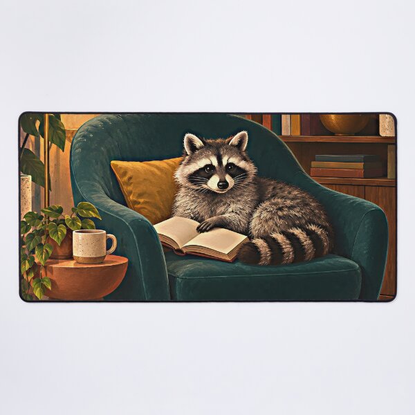 Item preview, Cozy Raccoon Reading Lounge – Mid-Century Modern Animal Art designed and sold by Jaani-T.