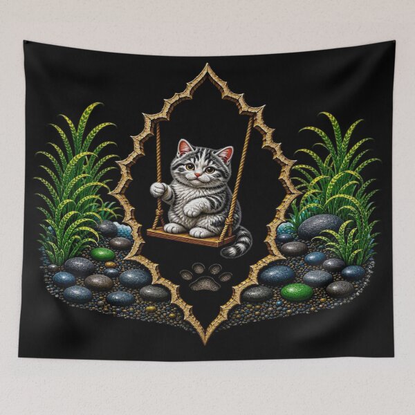 Item preview, Cute Tabby Kitten on a Swing - Ornate Wooden Frame Art designed and sold by Breezes-of-Ida.