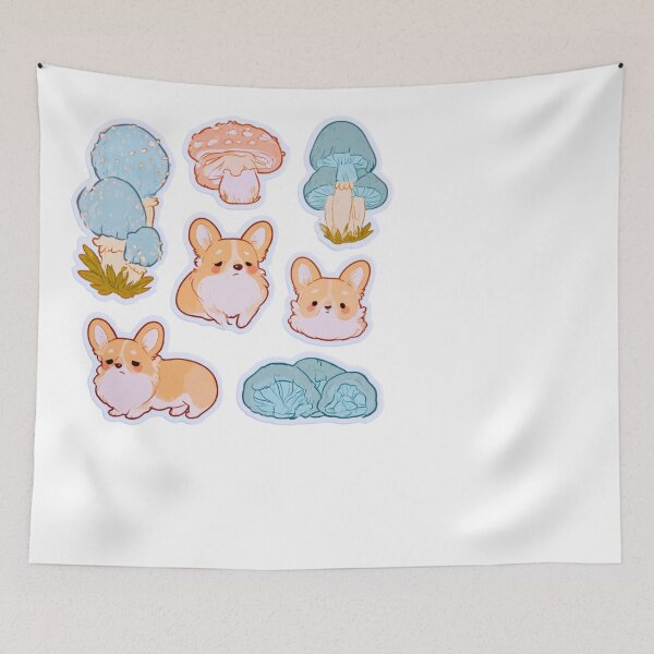 Item preview, Kawaii Corgi Dog and Whimsical Mushroom Fungi Art designed and sold by NicolasGlowArt.