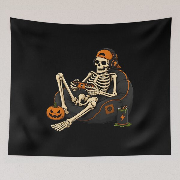 Item preview, Skeleton Gamer Relaxing with Pumpkin and Drink designed and sold by Dmo3HarkoArt.