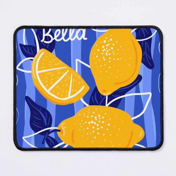 Item preview, Lemon Amalfi t-shirt print, yellow lemons on blue striped background designed and sold by NatalkaP.