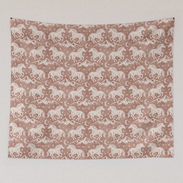 Item preview, Western Wild Horses with mountains moon and stars in Cream on Terracotta designed and sold by EliveraDesigns.