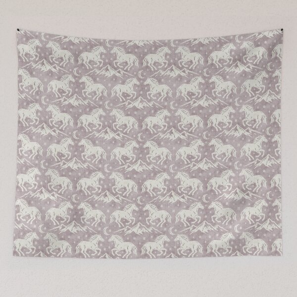 Item preview, Western Wild Horses with mountains moon and stars in Cream on Purple designed and sold by EliveraDesigns.