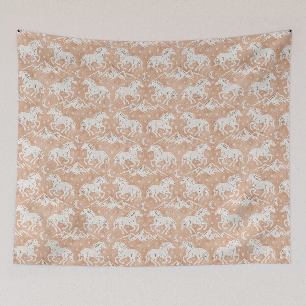 Item preview, Western Wild Horses with mountains moon and stars in Cream on Peachy Beige designed and sold by EliveraDesigns.