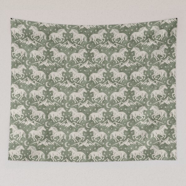 Item preview, Western Wild Horses with mountains moon and stars in Cream on Olive Green designed and sold by EliveraDesigns.