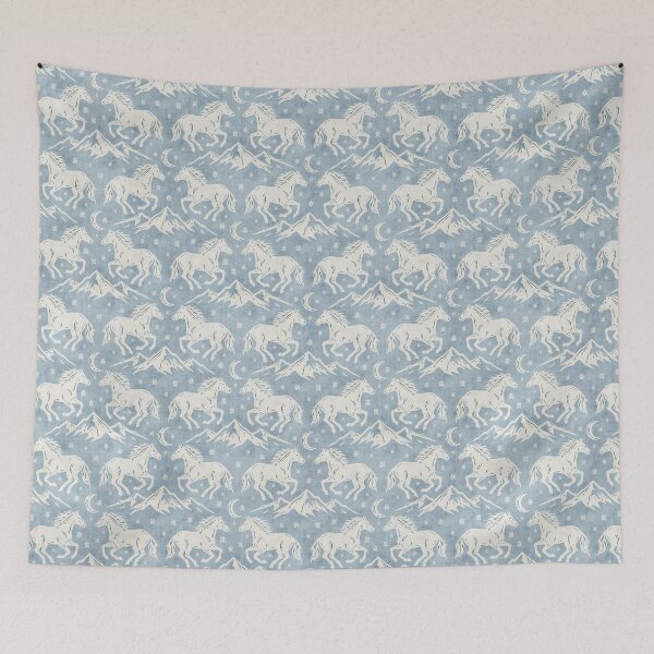 Item preview, Western Wild Horses with mountains moon and stars in Cream on Light Blue designed and sold by EliveraDesigns.