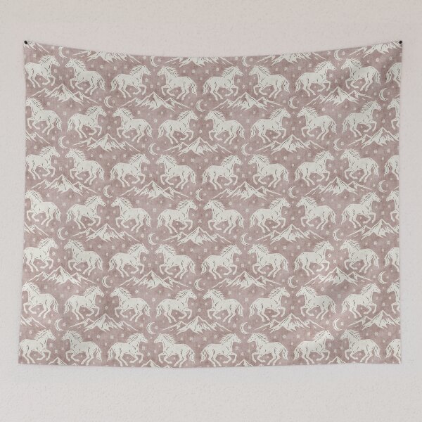 Item preview, Western Wild Horses with mountains moon and stars in Cream on Dusty Pink designed and sold by EliveraDesigns.