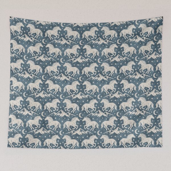 Item preview, Western Wild Horses with mountains moon and stars in Cream on Denim Blue designed and sold by EliveraDesigns.