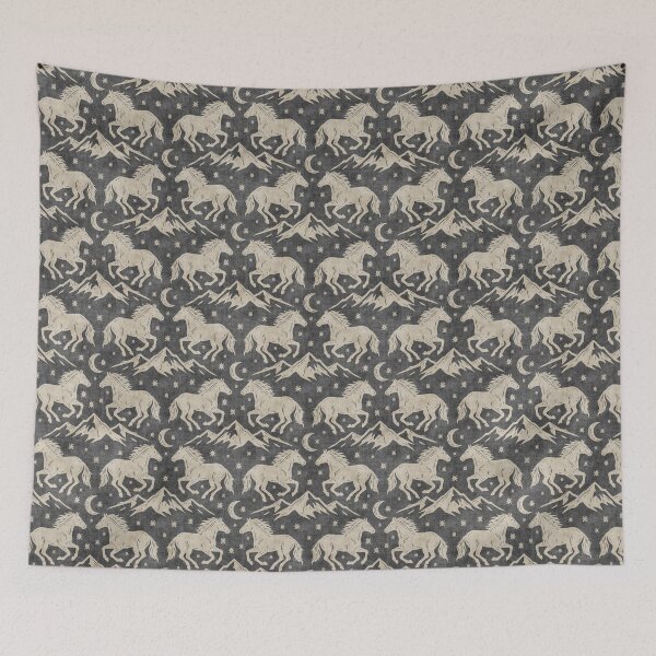 Item preview, Western Wild Horses with mountains moon and stars in Cream on Charcoal designed and sold by EliveraDesigns.