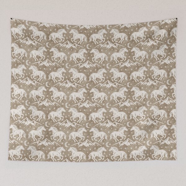 Item preview, Western Wild Horses with mountains moon and stars in Cream on Brown designed and sold by EliveraDesigns.
